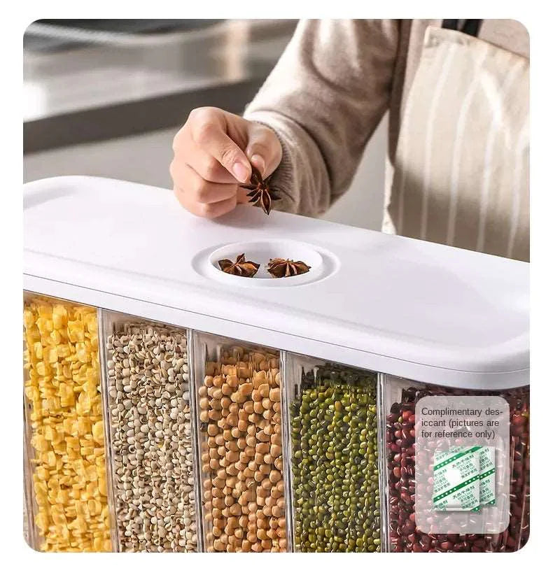 White kitchen organizer with compartments filled with various dry grains, held by a person.