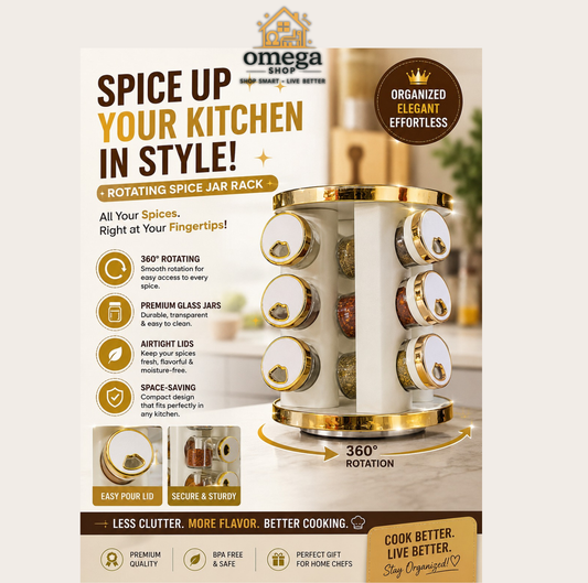 Omega Spice organizer set shown in a kitchen scene with a white and gold cylindrical spice rack and multiple clear glass spice jars with gold lids. Text on the image highlights benefits like keeping spices fresh, easy access while cooking, reducing clutter, and being suitable for modern kitchens.