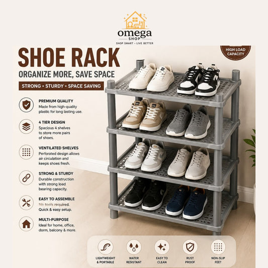 Omega Shop 4-tier plastic shoe rack in gray, shown holding multiple pairs of shoes on a beige background with feature icons and text.