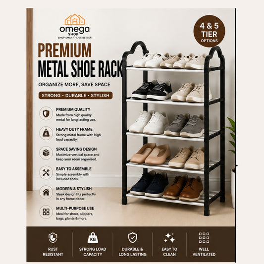 Omega brand premium metal shoe rack with a black frame and five tiers, shown holding various shoes in a beige room setting with product features and benefits text overlays.