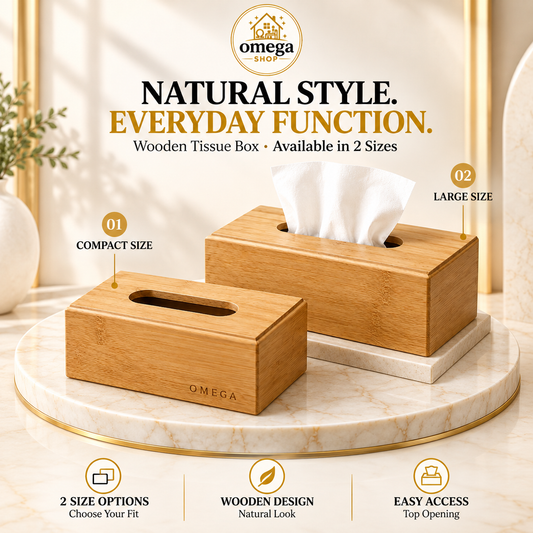 Omega Premium Bamboo Tissue Box Cover – Wooden Tissue Holder for Home, Office & Car