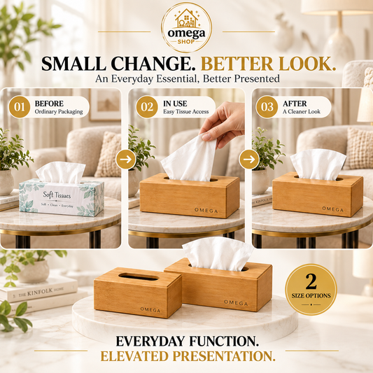 Omega Premium Bamboo Tissue Box Cover – Wooden Tissue Holder for Home, Office & Car