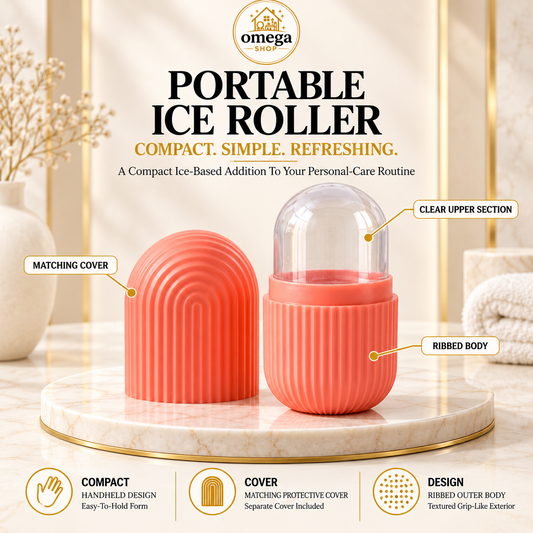 A portable ice roller set by Omega Shop shown on a marble pedestal in a styled bathroom-like setting. The set includes a ribbed coral-pink container with a clear domed top and a matching ribbed cover.
