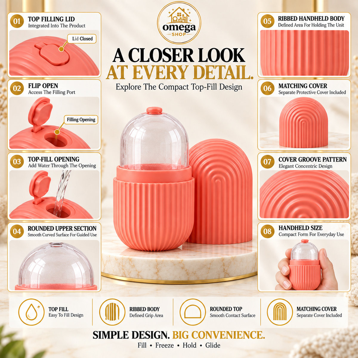 Omega Ice Roller for Face – Reusable Silicone Facial Ice Mold for Skin Cooling, Puffiness & Glow