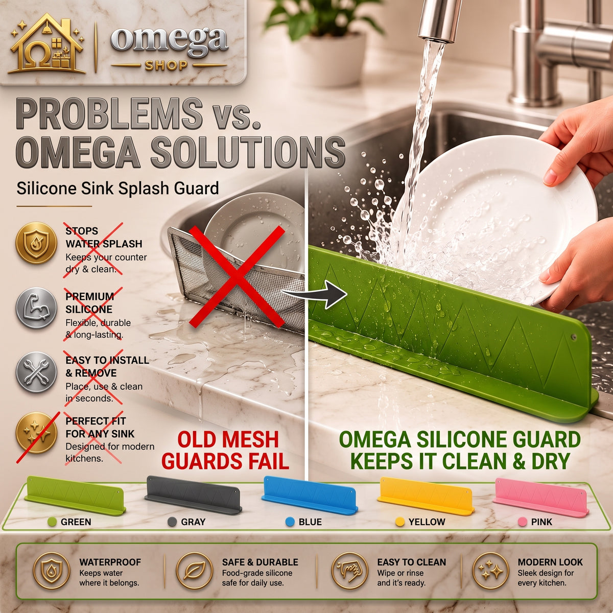 Omega Silicone Sink Splash Guard Water Stopper – Waterproof Kitchen Sink Splash Barrier