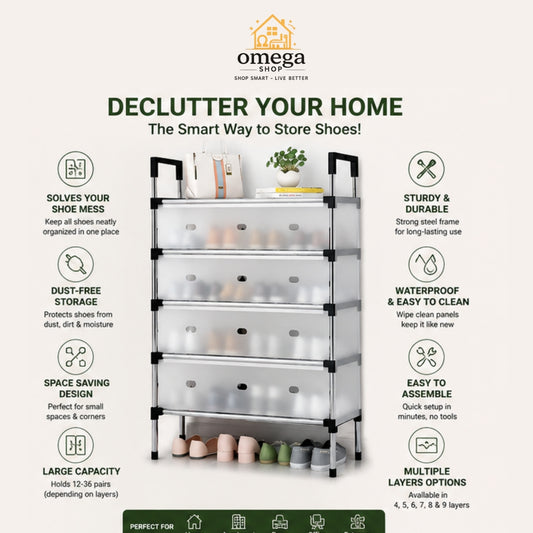 Omega Shop 5-tier shoe organizer rack with black metal frame and clear plastic drawer fronts, shown with surrounding feature callouts on a light beige background.
