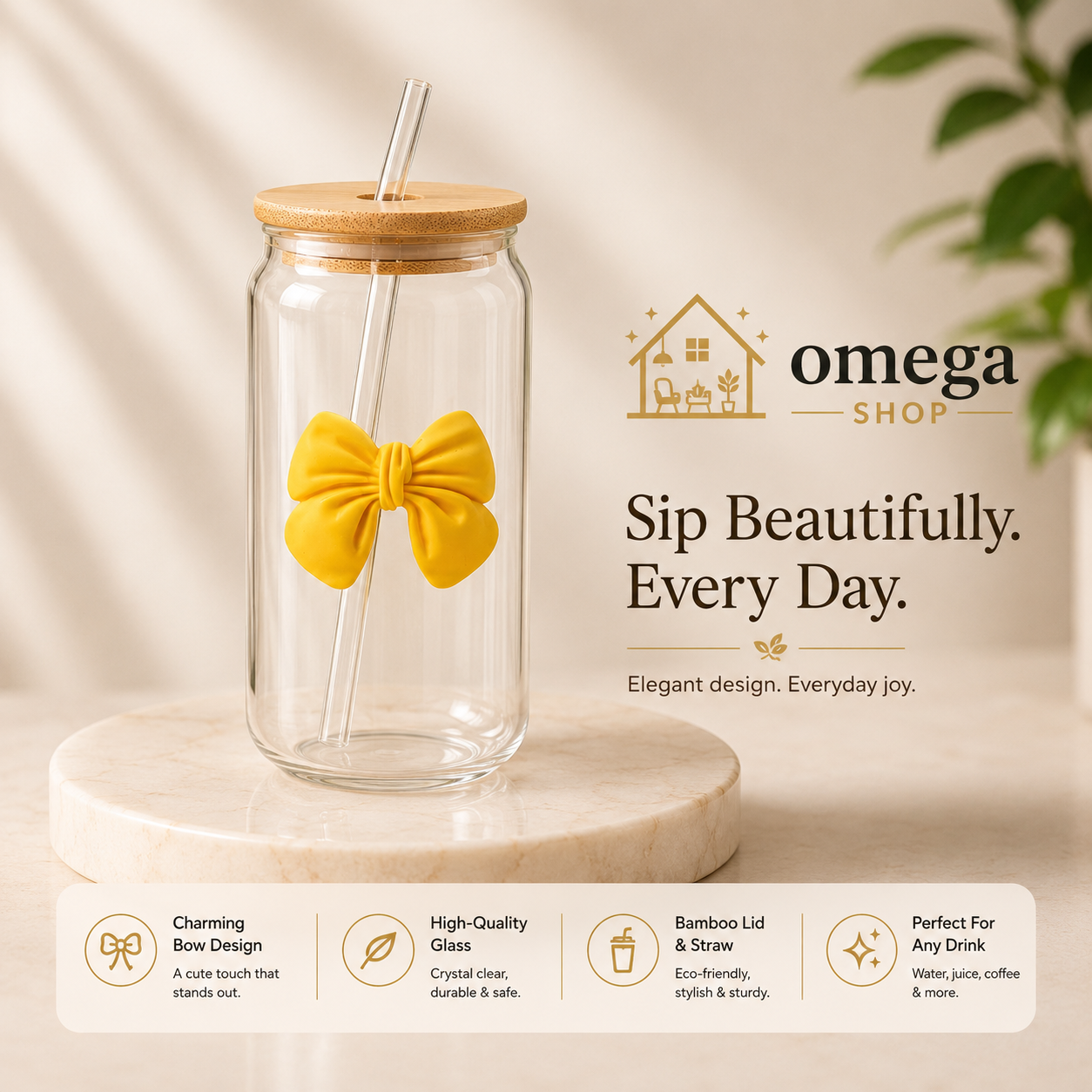 Omega Bow Glass Tumbler with Bamboo Lid & Glass Straw – 450ml Cute Drinking Cup