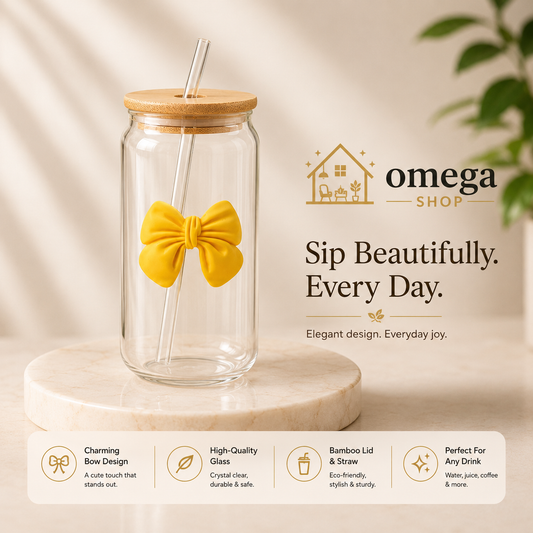 Omega Bow Glass Tumbler with Bamboo Lid & Glass Straw – 450ml Cute Drinking Cup