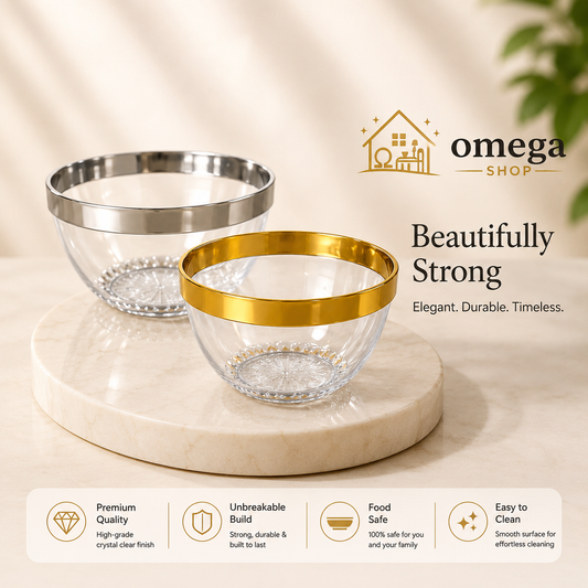 Omega Premium Crystal Serving Bowls Set – Unbreakable Clear Bowls with Gold & Silver Rim
