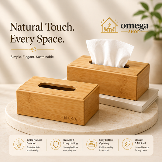 Omega Premium Bamboo Tissue Box Cover – Wooden Tissue Holder for Home, Office & Car