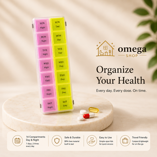 Omega Weekly Pill Organizer – 14 Compartment AM PM Medicine Box for 7-Day Medication & Vitamins