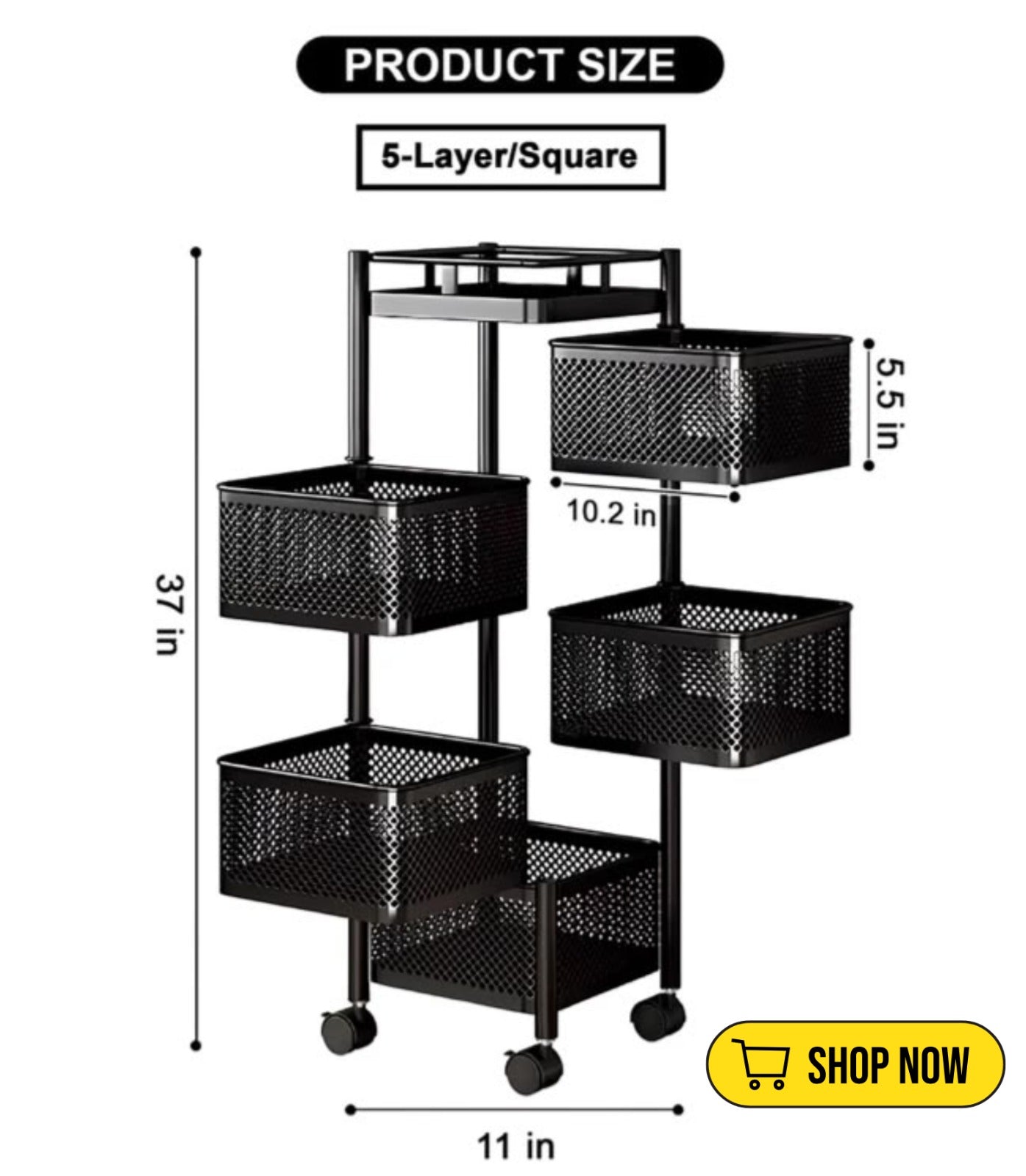 Luxe Home 5-Tier Revolving Kitchen Storage Trolley with Black Mesh Baskets