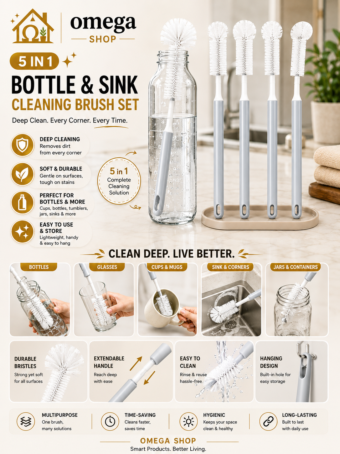 Omega Extendable Bottle Cleaning Brush – Long Handle Brush for Water Bottles, Baby Bottles & Thermos