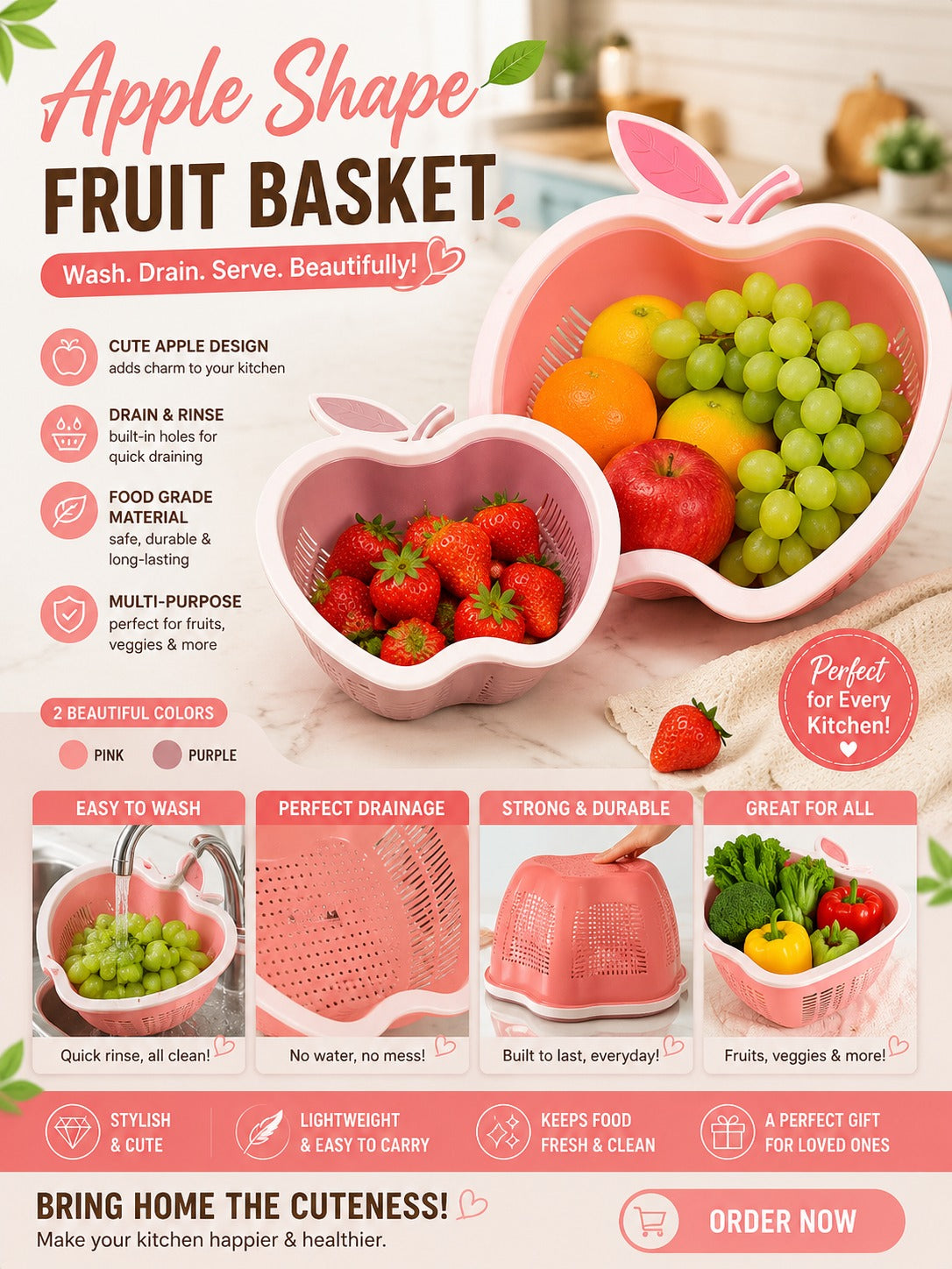 Apple-Shaped Drain Basket for Fruits & Vegetables