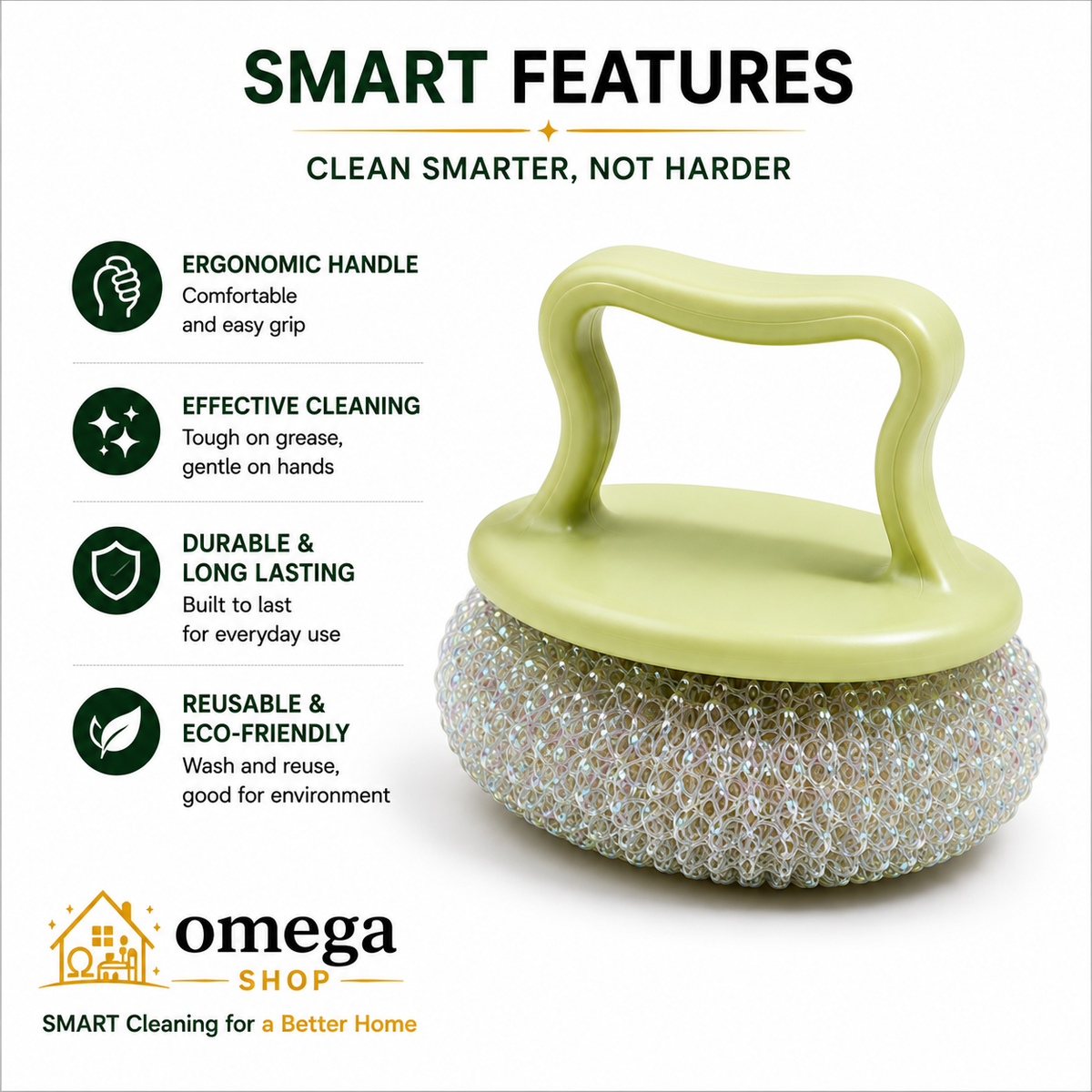 Omega 2-in-1 dish scrub brush product features and uses