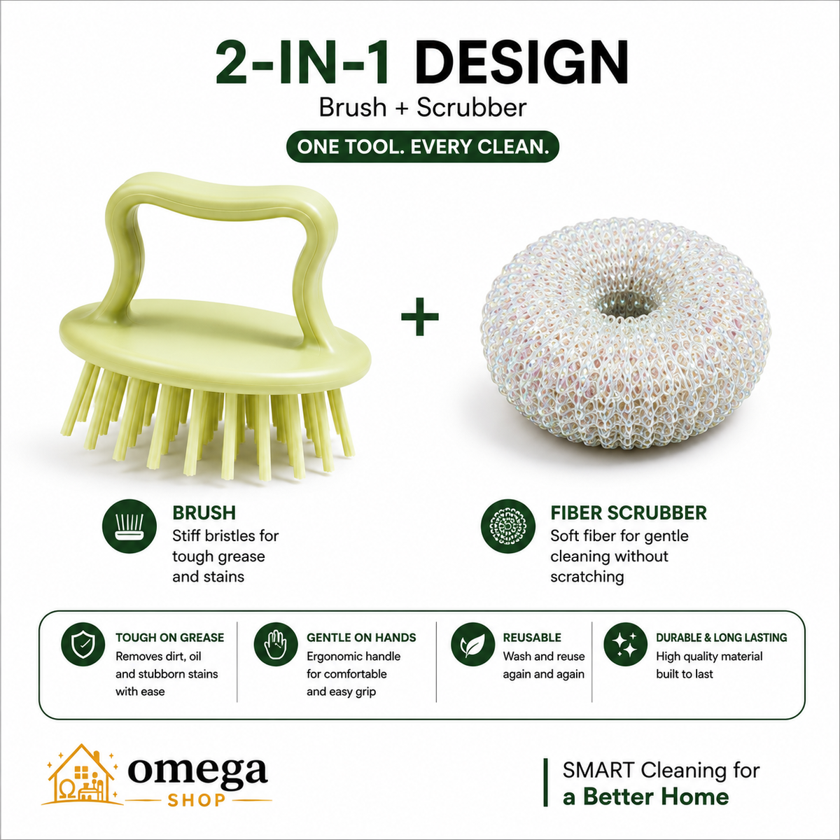 OMEGA 2-in-1 Cleaning Combo | Dishwashing Scrubber Brush & Mini Foldable Sponge Wiper