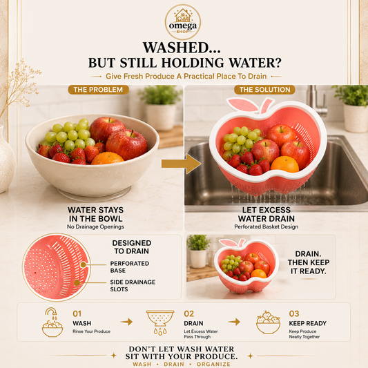 Omega Apple Shaped Fruit & Vegetable Washing Basket – Multi-Purpose Drain Colander with Handle