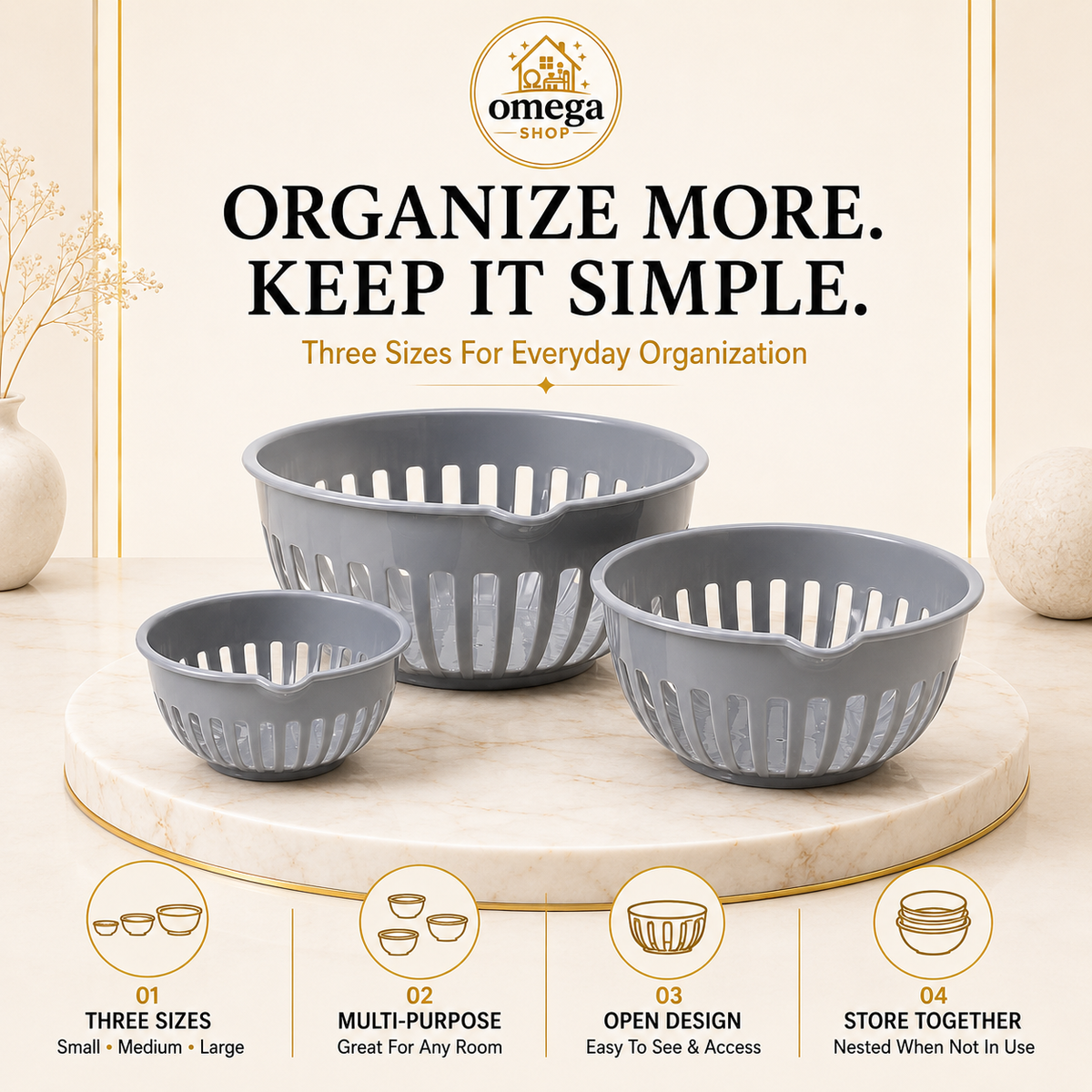Three gray plastic basket strainers in small, medium, and large sizes displayed on a round marble pedestal. The image is branded with 'omega SHOP' at the top and features descriptive text and icons at the bottom highlighting the three sizes, multi-purpose use, open design, and nesting capability.