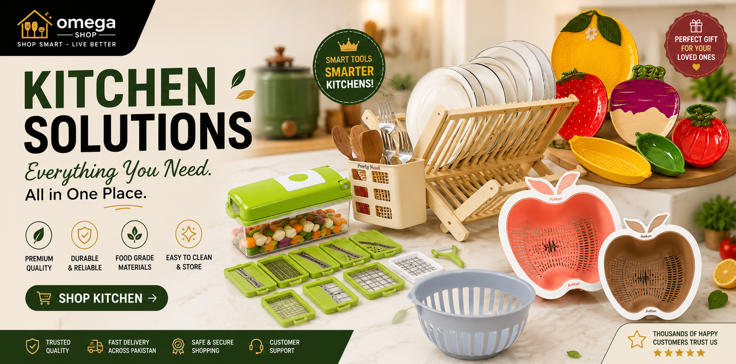 Omega kitchen solutions promotional banner showing a multi-piece kitchen utensil set with a green manual chopper, dish rack, cutting boards, and various colorful peelers and slicers on a kitchen counter.