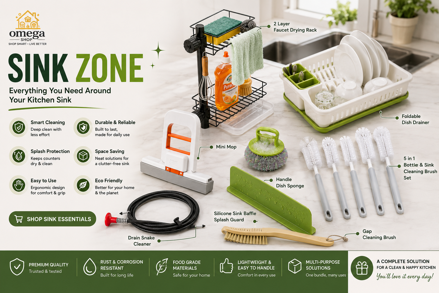 Omega Sink Zone kitchen sink cleaning set displayed on a white background with a kitchen scene in the upper right and feature callouts around the product.