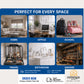 A promotional collage for a space-saving storage product, showing six lifestyle scenes labeled Home, Office, School, Travel, Bathroom, and Garage, with a blue header reading 'PERFECT FOR EVERY SPACE' and an 'ORDER NOW' section at the bottom featuring the Omega Shop logo.