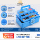 A blue multi-compartment pill organizer box with a handle and lock, shown on a white background with promotional text and feature callouts. The Omega Shop logo is visible at the top.