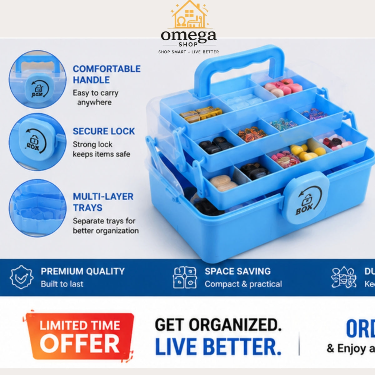 A blue multi-compartment pill organizer box with a handle and lock, shown on a white background with promotional text and feature callouts. The Omega Shop logo is visible at the top.