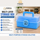 Blue multi-layer storage box with a handle and secure lock, shown on a white promotional graphic with product features, dimensions, and the Omega Shop logo.