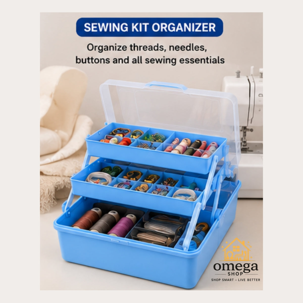 A blue plastic sewing kit organizer with a clear lid, shown open and filled with thread spools, buttons, and sewing accessories. The image includes promotional text at the top and an Omega Shop logo at the bottom right, with a sewing machine and chair in the background.