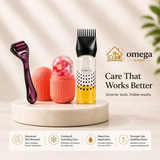 Omega 3-in-1 Beauty & Hair Care Bundle – Derma Roller, Facial Ice Roller & Hair Oil Applicator