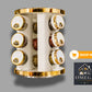 Decorative cylindrical holder with gold accents on a gray background, featuring 'Omega' brand.