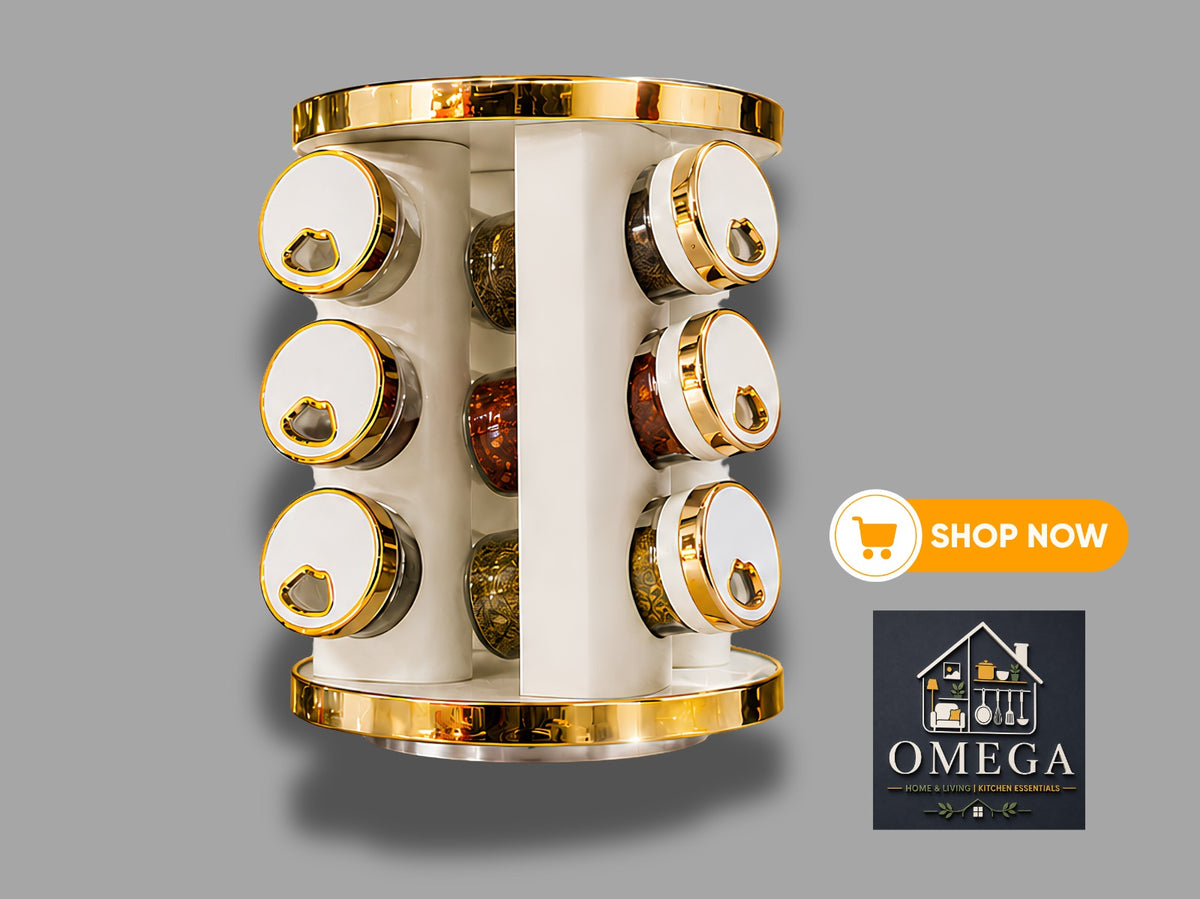 Decorative cylindrical holder with gold accents on a gray background, featuring 'Omega' brand.