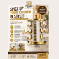 Omega Spice organizer set shown in a kitchen scene with a white and gold cylindrical spice rack and multiple clear glass spice jars with gold lids. Text on the image highlights benefits like keeping spices fresh, easy access while cooking, reducing clutter, and being suitable for modern kitchens.