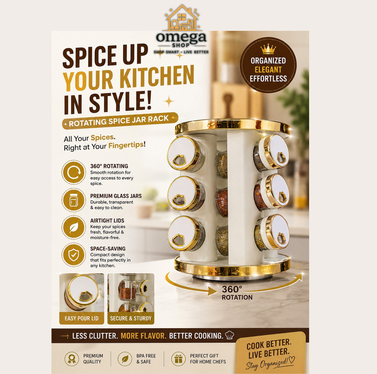 Omega Spice organizer set shown in a kitchen scene with a white and gold cylindrical spice rack and multiple clear glass spice jars with gold lids. Text on the image highlights benefits like keeping spices fresh, easy access while cooking, reducing clutter, and being suitable for modern kitchens.