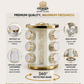 Omega Spice organizer set shown in a kitchen scene with a white and gold cylindrical spice rack and multiple clear glass spice jars with gold lids. Text on the image highlights benefits like keeping spices fresh, easy access while cooking, reducing clutter, and being suitable for modern kitchens.