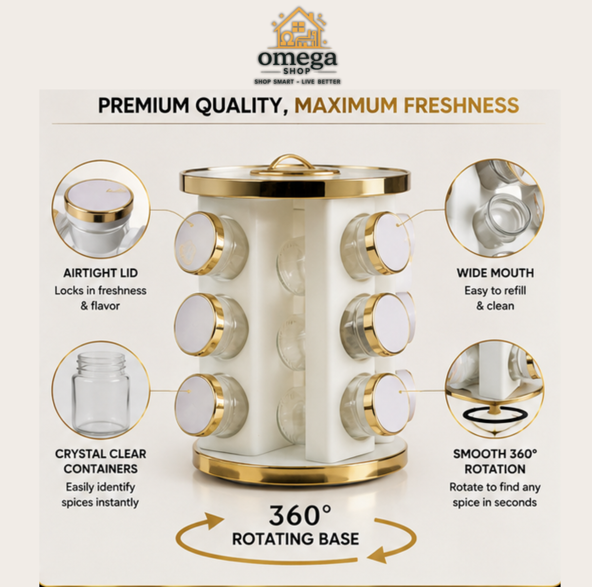 Omega Spice organizer set shown in a kitchen scene with a white and gold cylindrical spice rack and multiple clear glass spice jars with gold lids. Text on the image highlights benefits like keeping spices fresh, easy access while cooking, reducing clutter, and being suitable for modern kitchens.