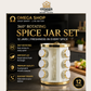 Omega Spice organizer set shown in a kitchen scene with a white and gold cylindrical spice rack and multiple clear glass spice jars with gold lids. Text on the image highlights benefits like keeping spices fresh, easy access while cooking, reducing clutter, and being suitable for modern kitchens.