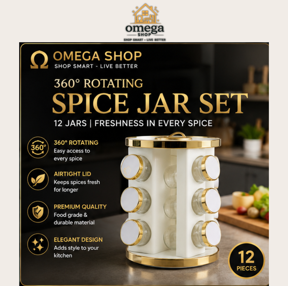 Omega Spice organizer set shown in a kitchen scene with a white and gold cylindrical spice rack and multiple clear glass spice jars with gold lids. Text on the image highlights benefits like keeping spices fresh, easy access while cooking, reducing clutter, and being suitable for modern kitchens.