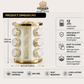 Omega Shop spice jar organizer infographic showing a cylindrical white and gold container with multiple round jars, labeled with dimensions 24.5 cm by 18.