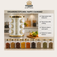 Omega Spice organizer set shown in a kitchen scene with a white and gold cylindrical spice rack and multiple clear glass spice jars with gold lids. Text on the image highlights benefits like keeping spices fresh, easy access while cooking, reducing clutter, and being suitable for modern kitchens.