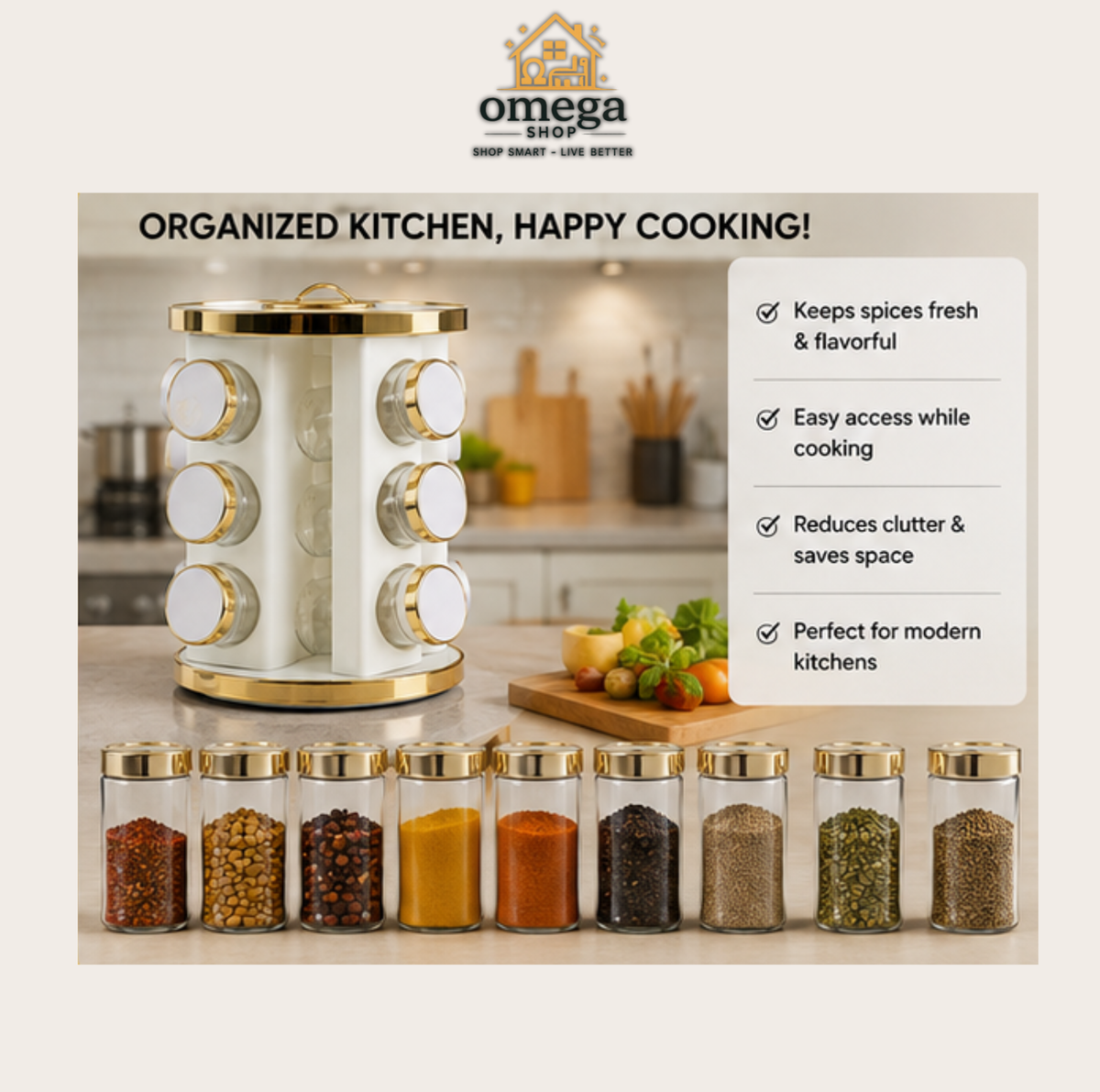 Omega Spice organizer set shown in a kitchen scene with a white and gold cylindrical spice rack and multiple clear glass spice jars with gold lids. Text on the image highlights benefits like keeping spices fresh, easy access while cooking, reducing clutter, and being suitable for modern kitchens.