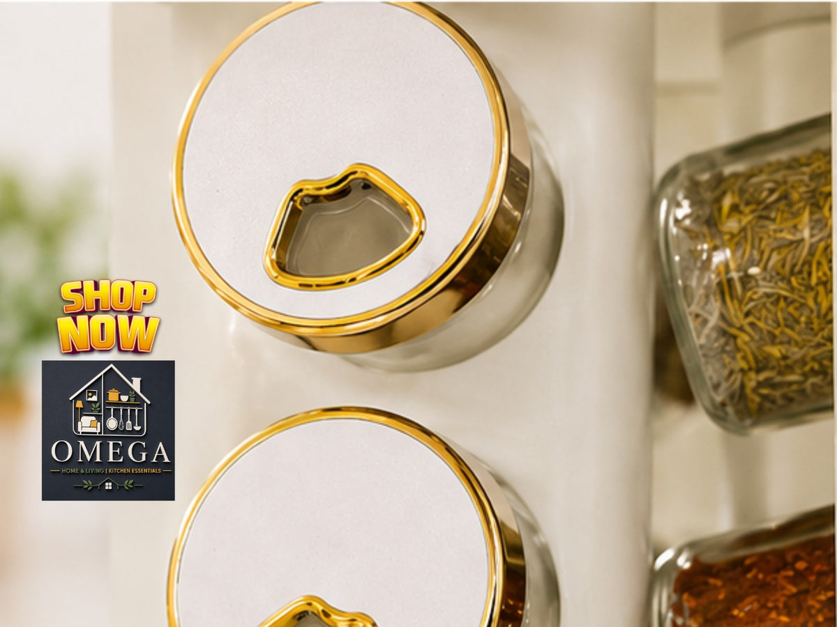 Decorative jars with gold lids on a white surface, featuring the Omega brand.