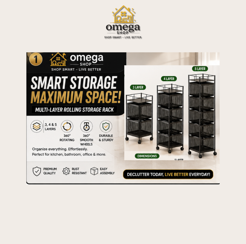Promotional graphic for the Omega Shop Smart Storage Maximum Space! multi-layer rolling storage rack, showing three black rolling racks labeled 3 layers, 4 layers, and 5 layers on a light beige background with Omega Shop branding.