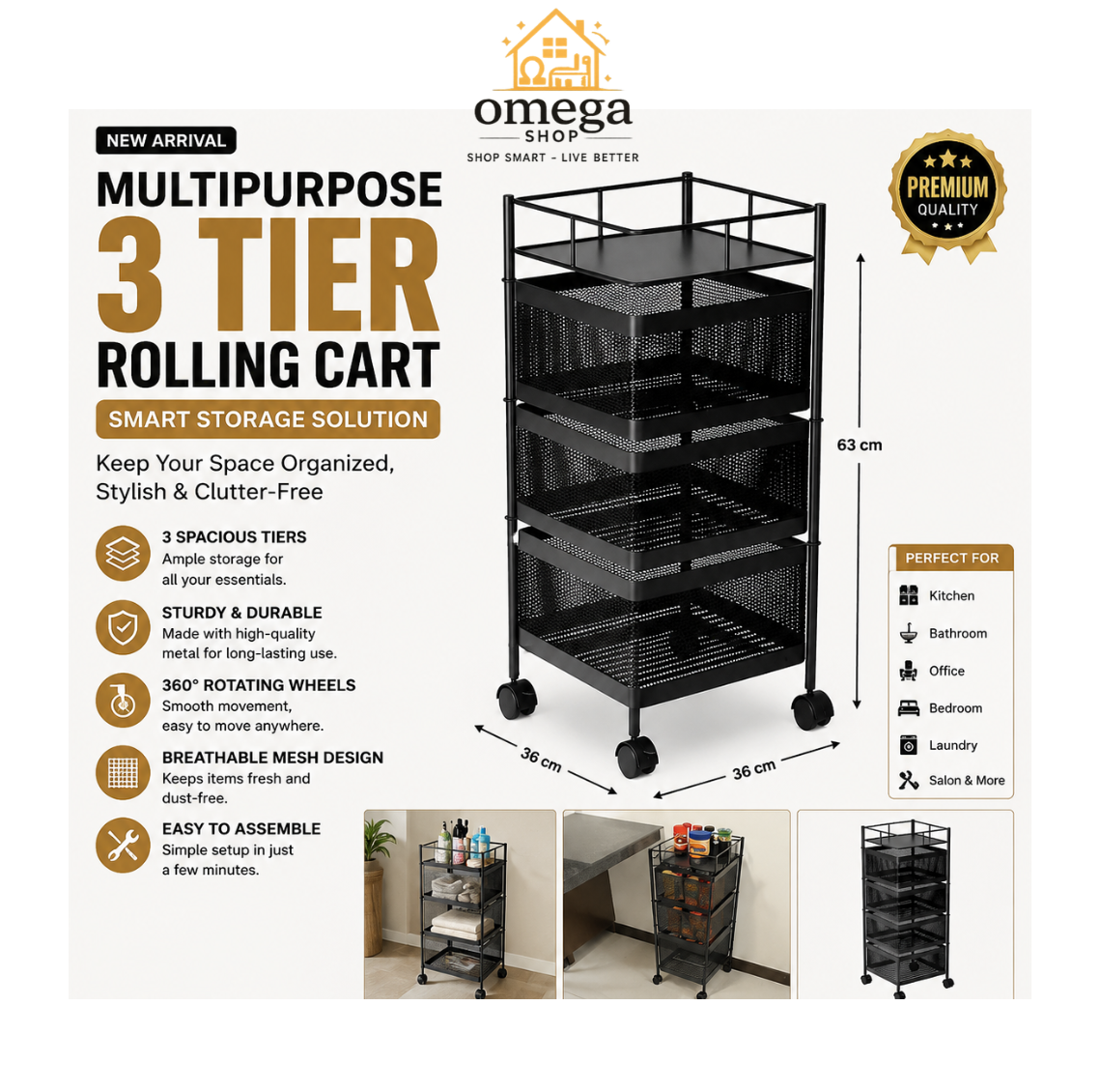 Omega Shop 3-tier rolling cart storage unit on a white promotional background with dimensions, feature icons, room-use examples, and a premium quality badge.