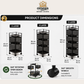 Omega Shop 3-tier rolling cart storage unit on a white promotional background with dimensions, feature icons, room-use examples, and a premium quality badge.