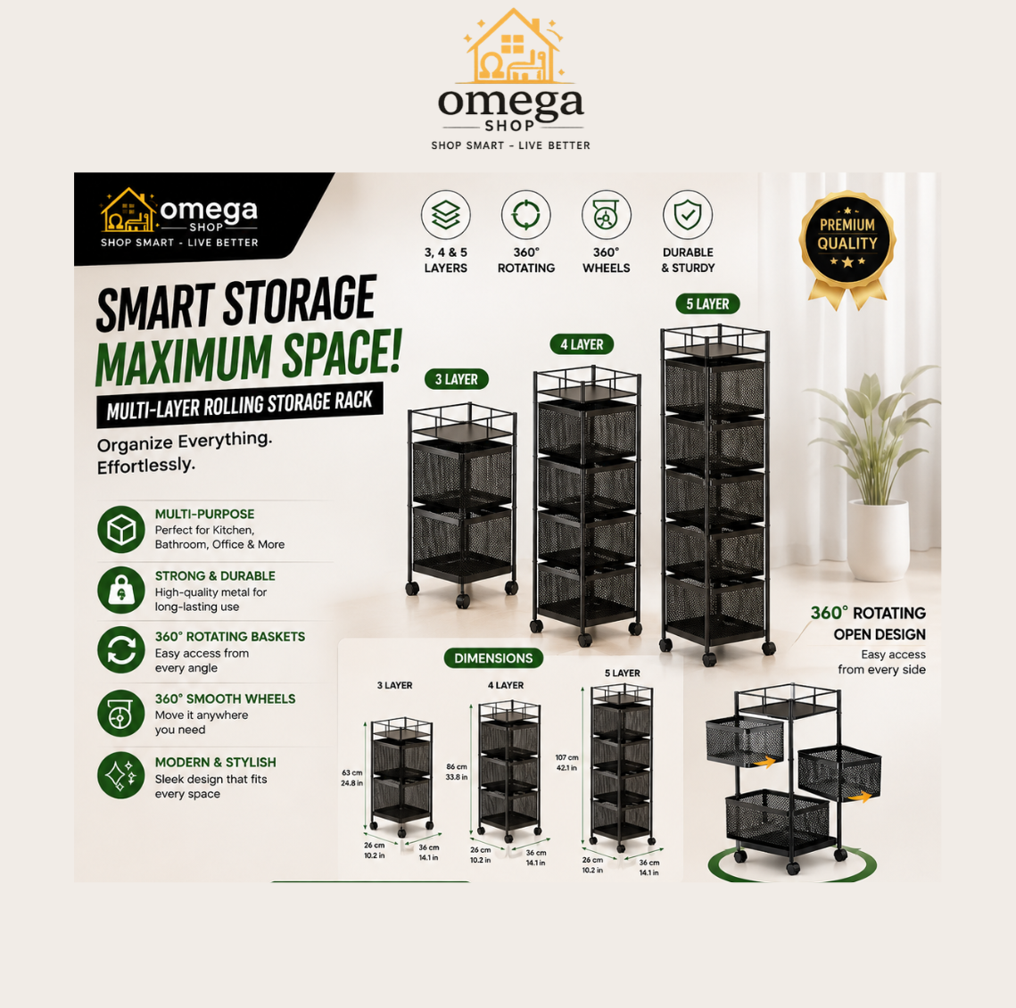 Omega Shop Smart Storage Maximum Space! multi-layer rolling storage rack infographic showing three black rolling racks of different sizes with dimensions, feature icons, and a premium quality badge.
