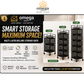 Omega Shop multi-layer rolling storage rack promotional graphic showing three black metal rolling racks labeled 3 layer, 4 layer, and 5 layer, with text highlighting smart storage, maximum space, dimensions, and product features.