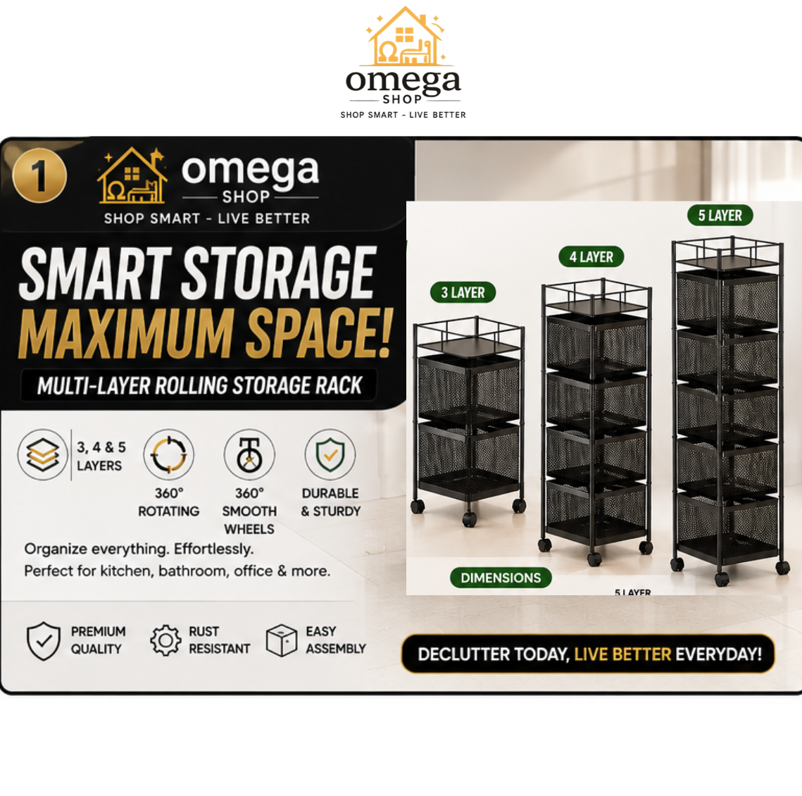 Omega Shop multi-layer rolling storage rack promotional graphic showing three black metal rolling racks labeled 3 layer, 4 layer, and 5 layer, with text highlighting smart storage, maximum space, dimensions, and product features.