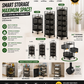 An infographic-style product page for an Omega smart storage rack, showing multiple black rolling storage units with dimensions, feature icons, room-use examples in kitchen, bathroom, office, and bedroom, and a close-up of the wheel area.