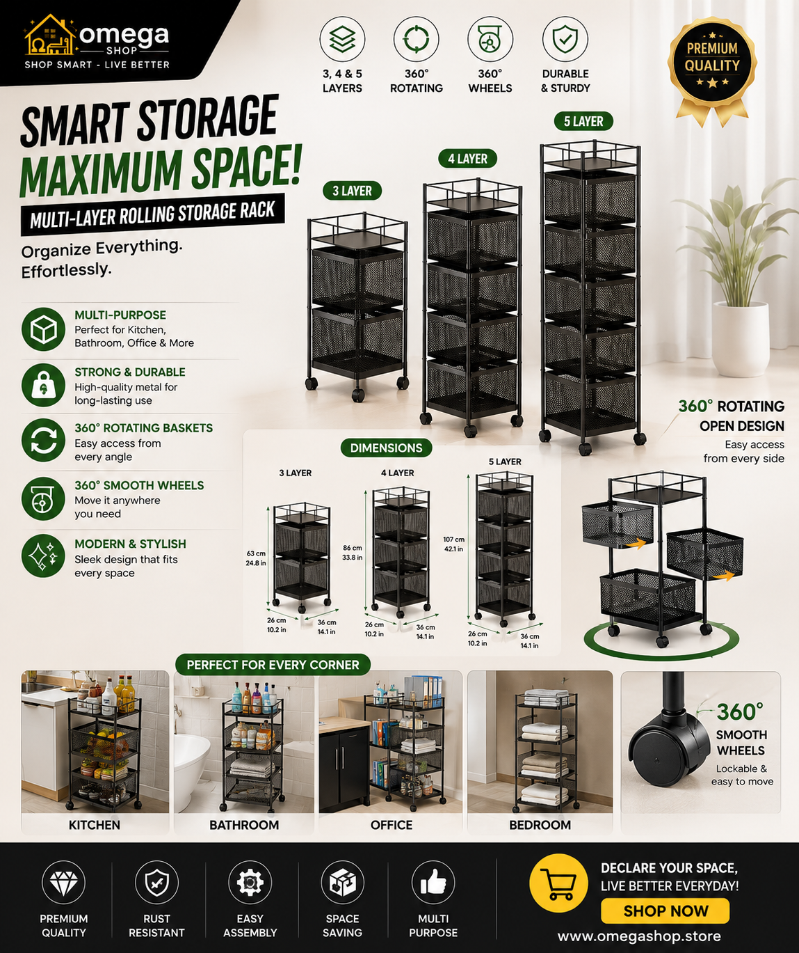 An infographic-style product page for an Omega smart storage rack, showing multiple black rolling storage units with dimensions, feature icons, room-use examples in kitchen, bathroom, office, and bedroom, and a close-up of the wheel area.
